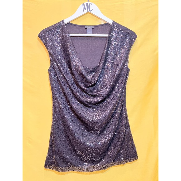 Ann Taylor Short Cap Sleeved Cowl Neck Small Sequined Dress Shirt - Picture 3 of 11